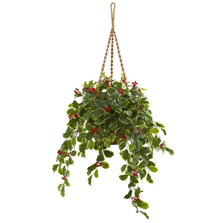 Hivvago 40" Variegated Holly with Berries Artificial Plant in Hanging Basket (Real Touch)
