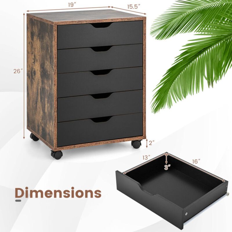 Hivvago 5 Drawer Mobile Lateral Filing Storage Home Office Floor Cabinet with Wheels-Rustic Brown