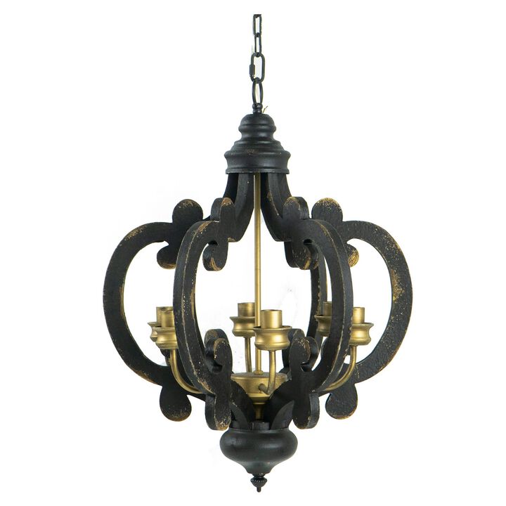 Aki 21 Inch Carved Wood Chandelier, 6 Lights, Vintage Classic, Black, Gold-Benzara