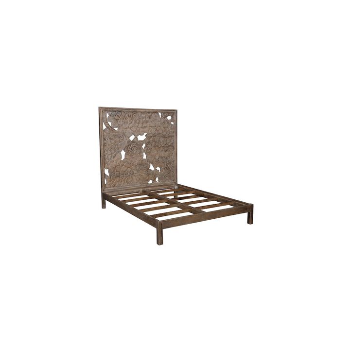 Porter Designs Dahlia Hand Carved Motif Queen Bed, Brown