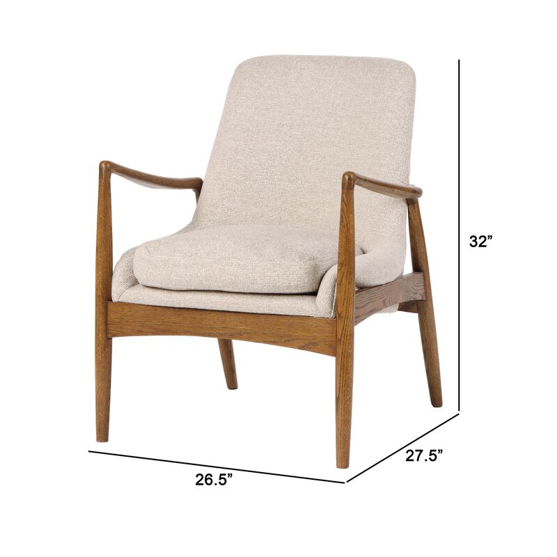 28 Inch Fabric Upholstered Accent Armchair, Birch Wood, Off White, Brown - Benzara