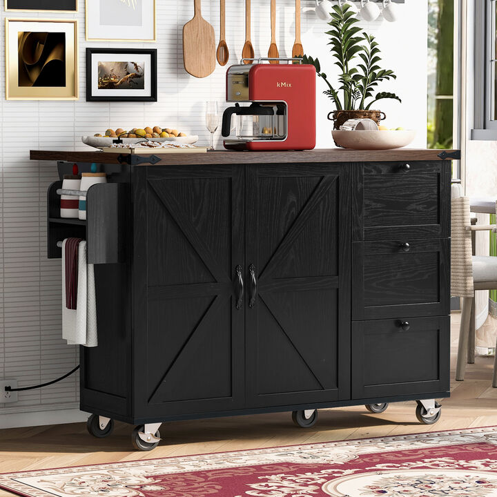 Kitchen Island with Wheels, Power Outlet, Drop Leaf & Internal Storage Rack