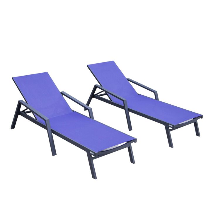 LeisureMod Marlin Patio Chaise Lounge Chairs with Armrests – Set of 2, Black Aluminum Frame & Dark Grey Cushion for Outdoor Relaxation