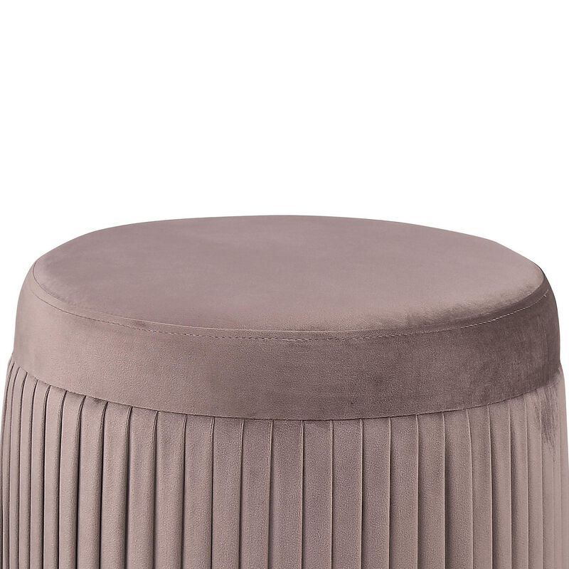 Tiana Ottoman, Mauve Fabric Pleated Design, Round 18 Inch, Wood Frame - Benzara