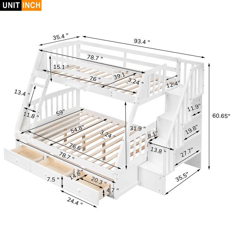 Twin-Over-Full Bunk Bed With Drawers, Ladder And Storage Staircase