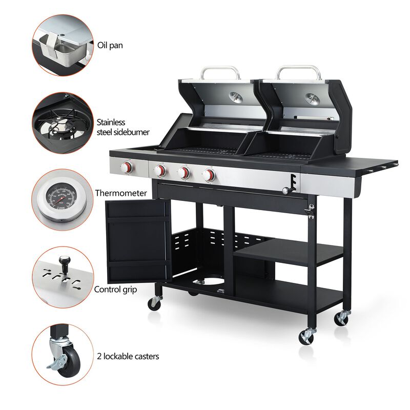 MONDAWE 3-Burner Propane Gas BBQ Grill with Side Burner, combined with charcoal grill, 37230BTU Output With Enameled Cast Iron Cooking Grids For Outdoor Barbecue, Stainless Steel