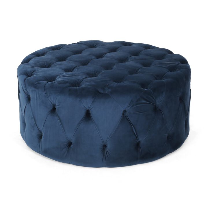 Vivan Ottoman, Tufted Blue Velvet, Soft Cushions, Round 40 Inch Top - Benzara