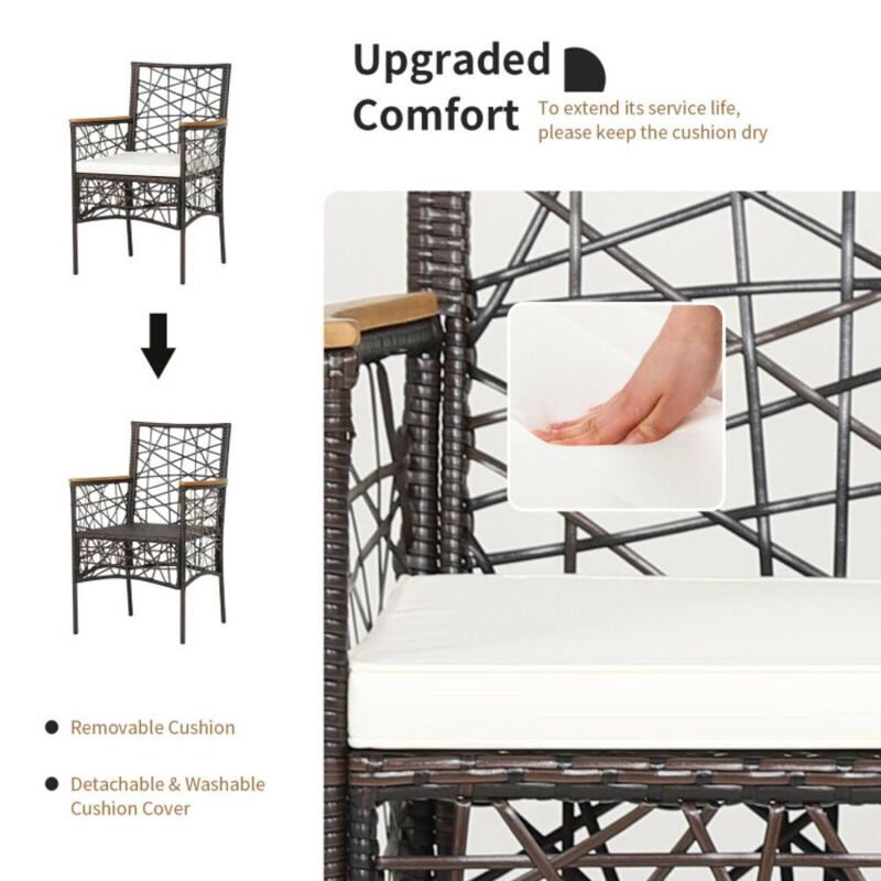 Hivvago 2 Pieces PE Wicker Patio Bistro Dining Chairs with Acacia Wood Armrests and Cushions
