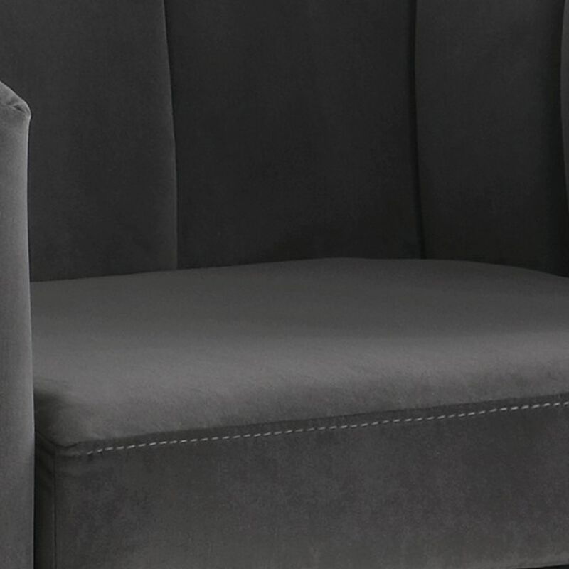 30 Inch Barrel Foam Accent Chair, Brushed Gold Floating Base, Gray Velvet-Benzara