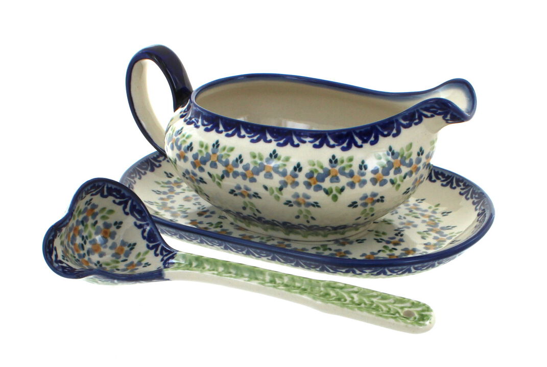 Blue Rose Polish Pottery Summer Vine Gravy Boat & Ladle