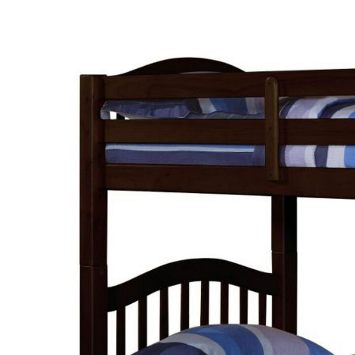 Twin Over Twin Bunk Bed, Pine Wood, Slatted Headboard, Espresso Brown  - Benzara