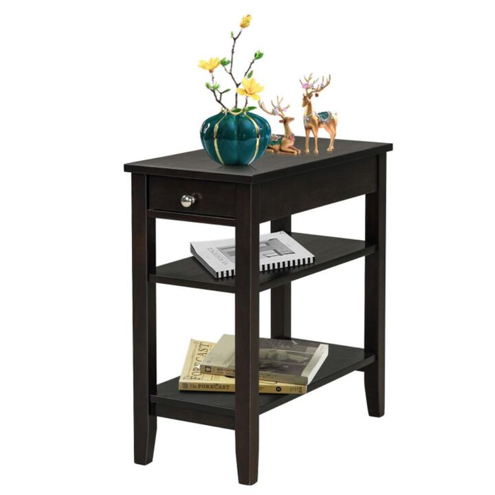 Hivvago Side End Table with Drawer and 2-Tier Open Storage Shelves for Space Saving