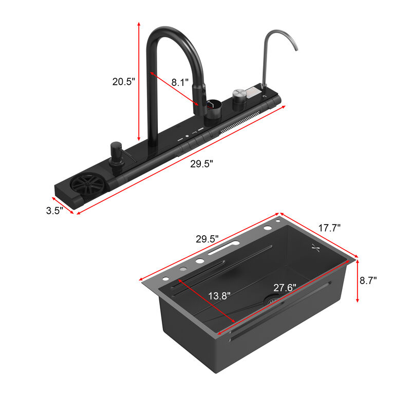 FUFU&GAGA  304 Stainless Steel Kitchen Sink with PVD Nano Black Coating & Smart Features, (29.5" L x 17.7" W x 8.7" H), Black