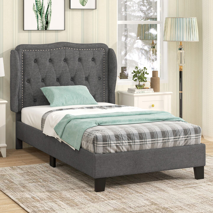 Bed Frame with Button Tufted Wingback Headboard and Storage Space