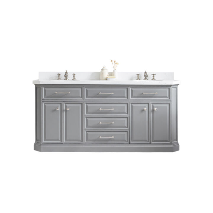 Palace 72 In. Double Sink Carrara Quartz Countertop Bath Vanity in Cashmere Grey with Polished Nickel (PVD) Hardware and Waterfall Faucets