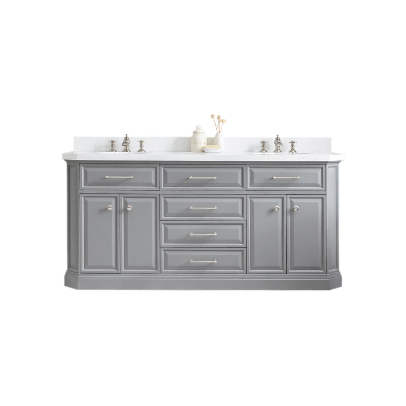 Palace 72 In. Double Sink Carrara Quartz Countertop Bath Vanity in Cashmere Grey with Polished Nickel (PVD) Hardware and Waterfall Faucets