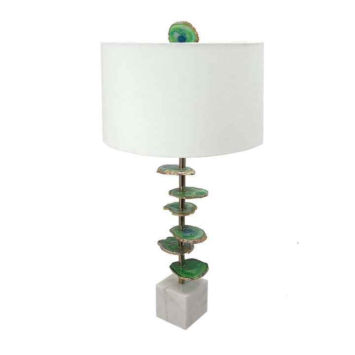 Parks 30 Inch Table Lamp With Agate Slices and Linen Drum Shade, White-Benzara