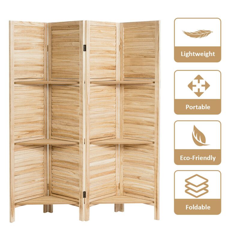4 Panel Folding Room Divider Screen With 3 Display Shelves