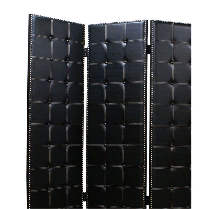 Wooden 4 Panel Screen with Button Tufting and Nailhead Trims, Black-Benzara