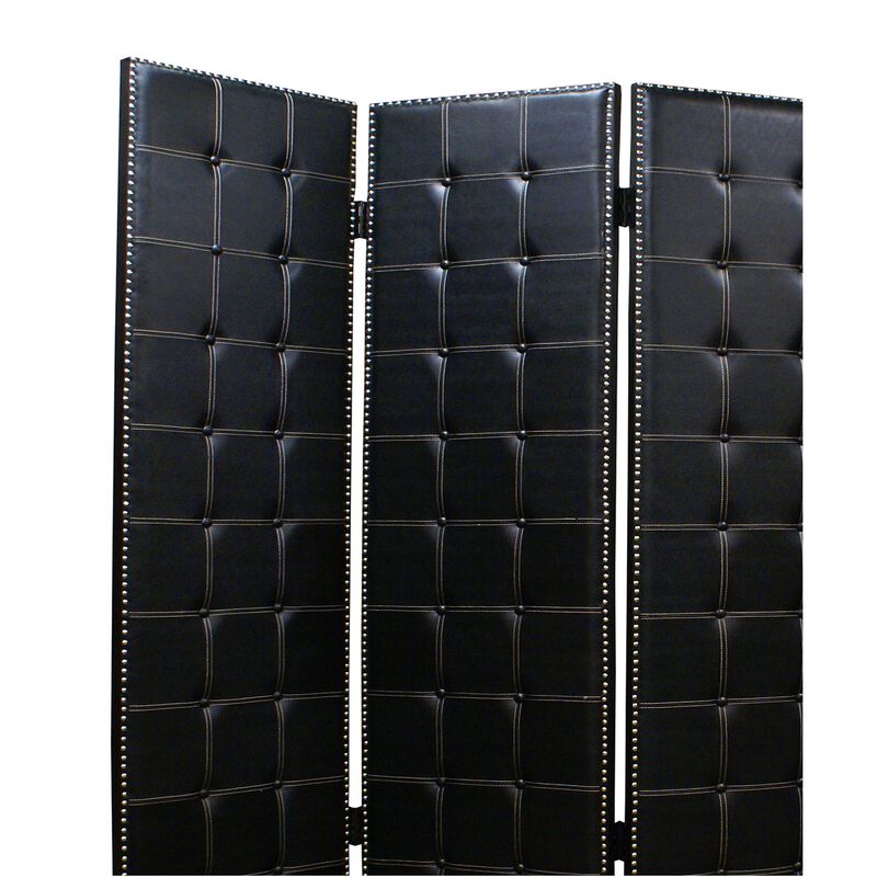 Wooden 4 Panel Screen with Button Tufting and Nailhead Trims, Black-Benzara