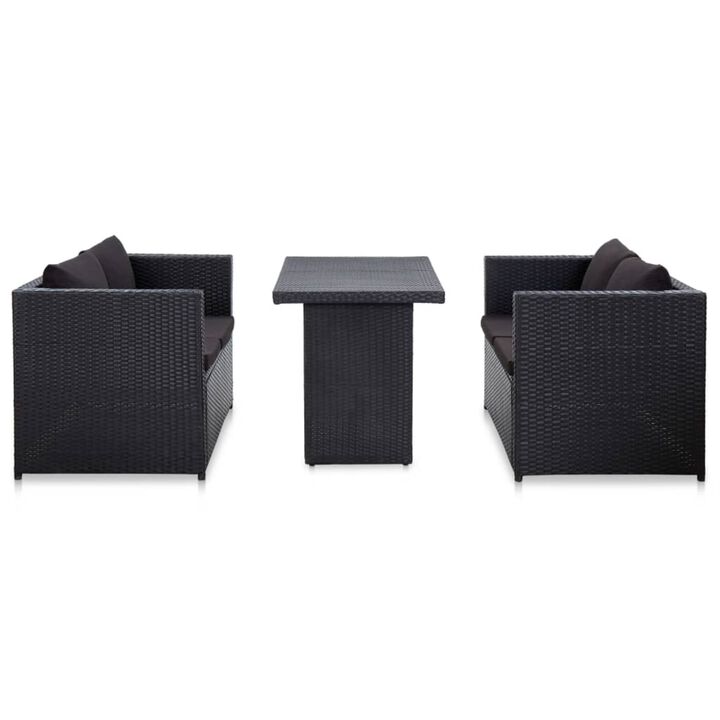 vidaXL 3 Piece Patio Lounge Set with Cushions Poly Rattan Black