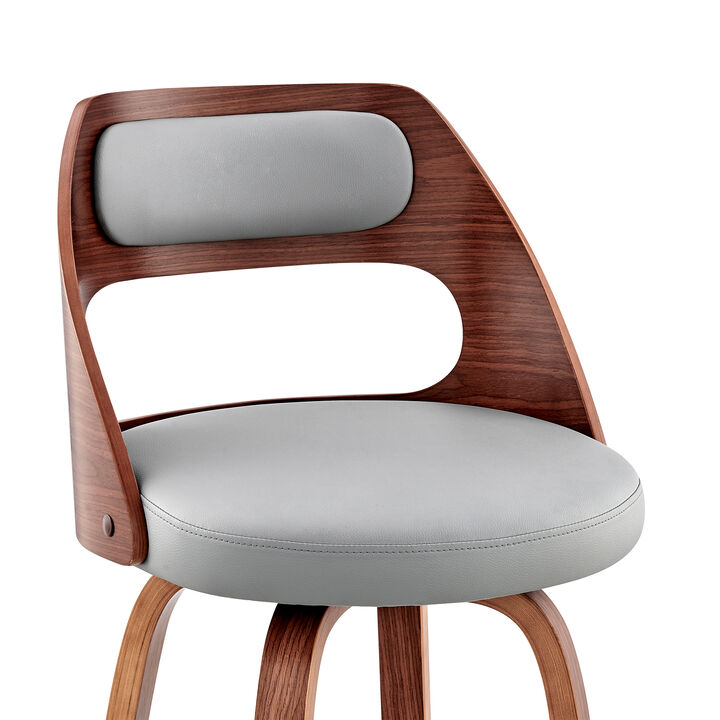 30 Inch Leatherette Barstool with Cut Out Back, Gray and Brown-Benzara