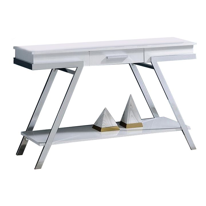 Tius 48 Inch Sofa Table, Open Shelf, Chrome Frame, High Gloss White Finish - Benzara