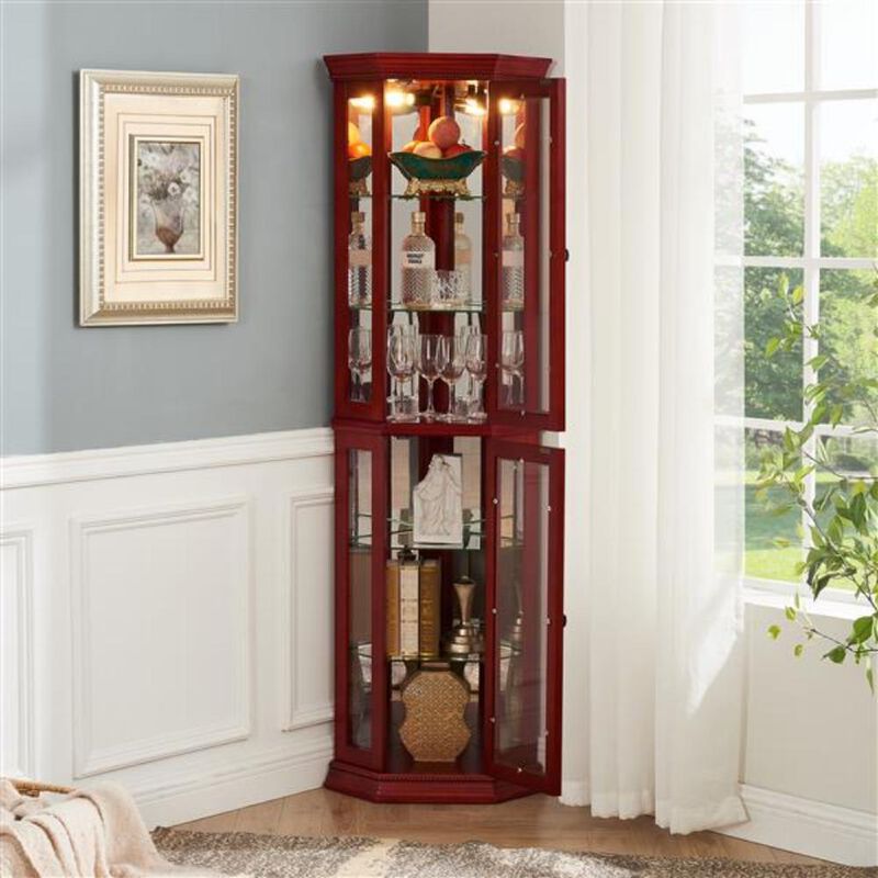 Corner Curio Cabinet Lighted Corner Display with Adjustable Glass Shelves and Mirrored Back