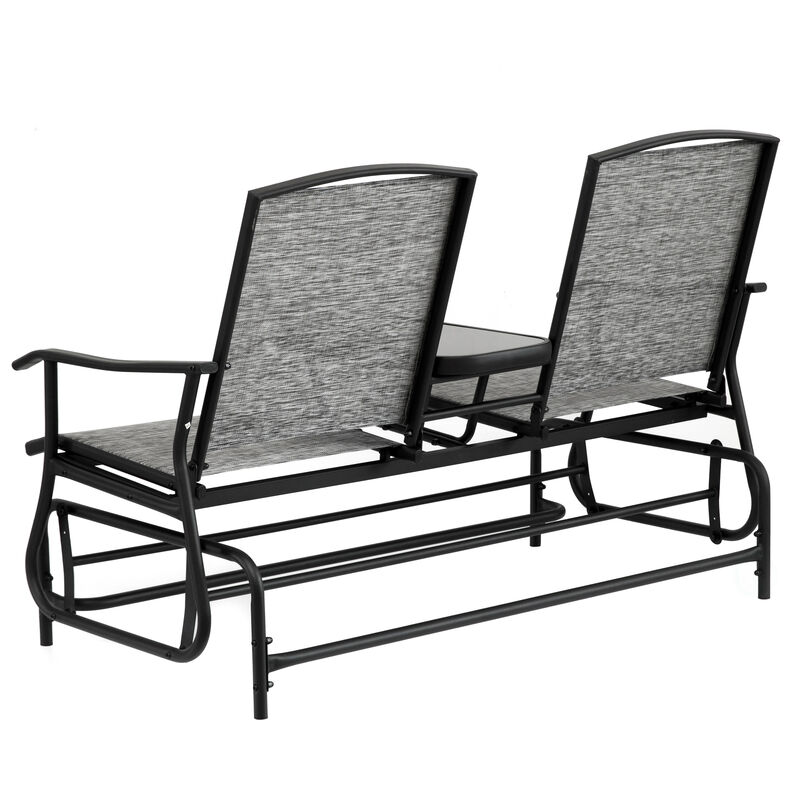 Two Person Outdoor Double Swing Glider Chair Set with Center Tempered Glass Table, Loveseat Lawn Rocker Bench