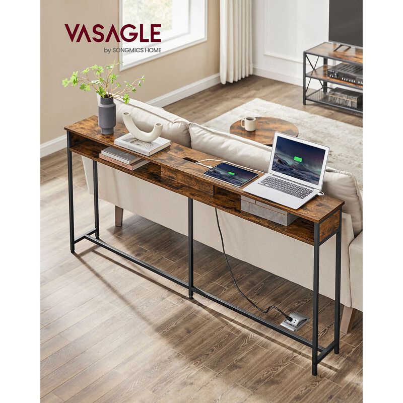 70 Inch Console Table with Outlet and Shelves
