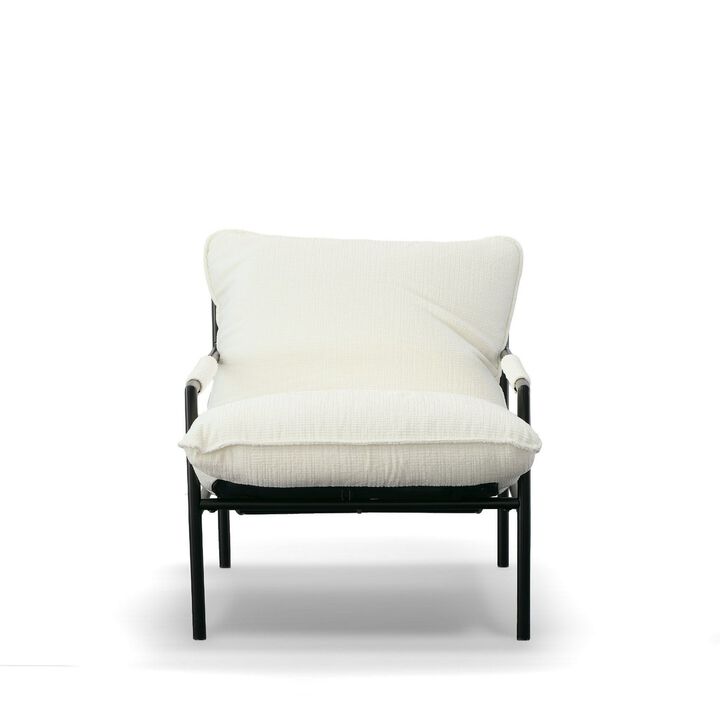 27 Inch Accent Chair, White Fabric, Black Metal Frame, Cushioned Seat -Benzara