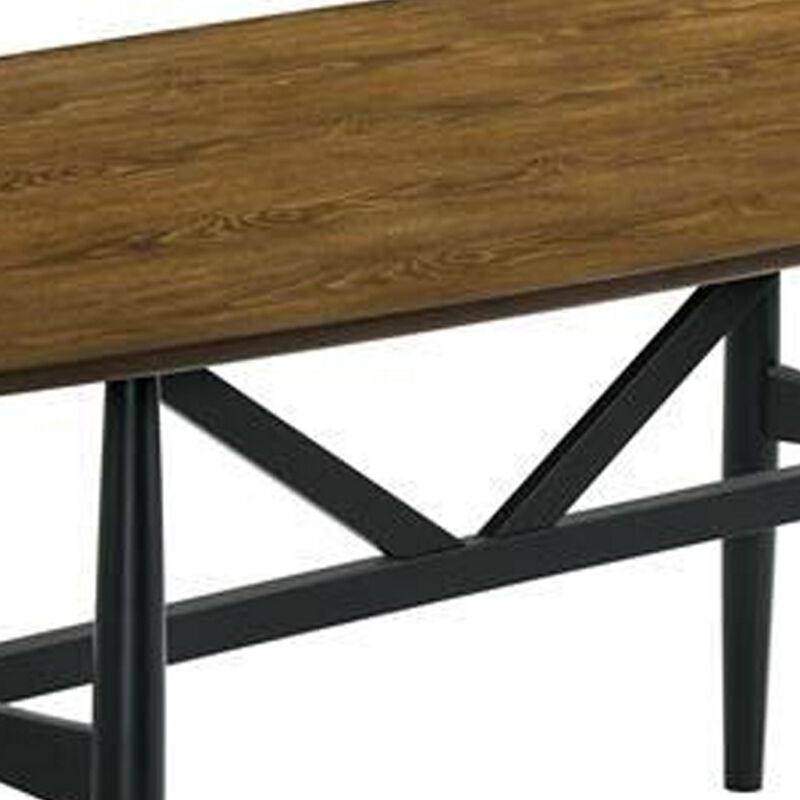 Riera 72 Inch Two Tone Dining Table, Brown Plank Top, Black Trestle Base  - Benzara