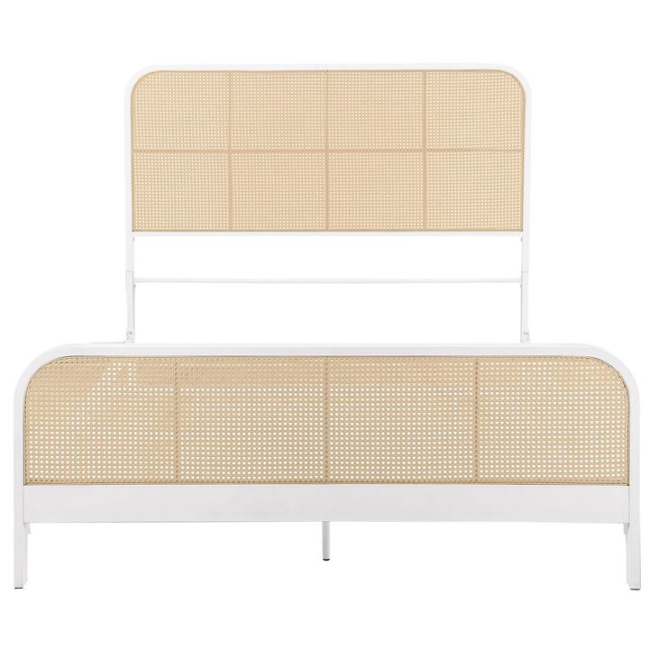 Lanie Queen Bed with Brown Open Cane Webbing Faux Rattan, White Metal  - Benzara