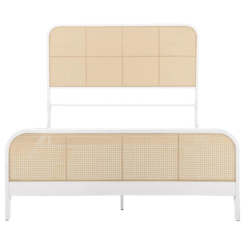 Lanie Queen Bed with Brown Open Cane Webbing Faux Rattan, White Metal  - Benzara