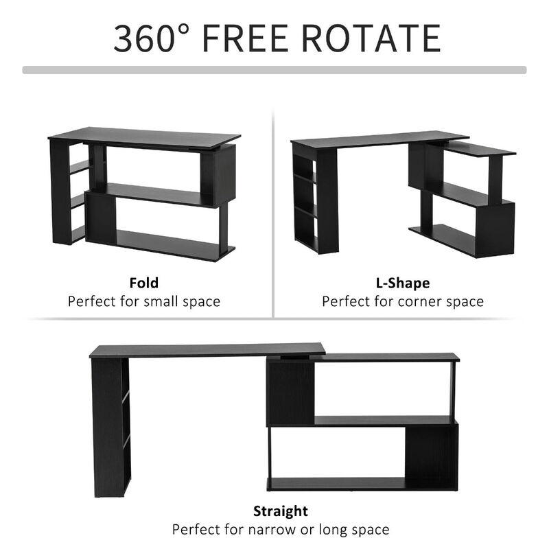 Black Home Office Solution: 360° Rotating L-Shaped Desk with Storage