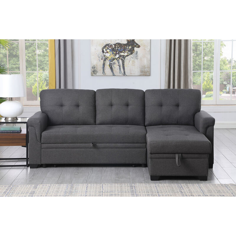 Lucca Dark Gray Linen Reversible Sleeper Sectional Sofa With Storage Chaise