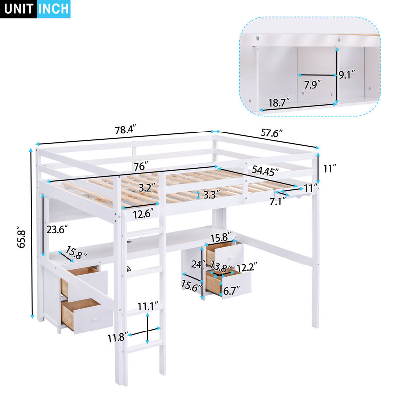 Full Size Loft Bed With Desk, Cabinets, Drawers And Bedside Tray, Charging Station