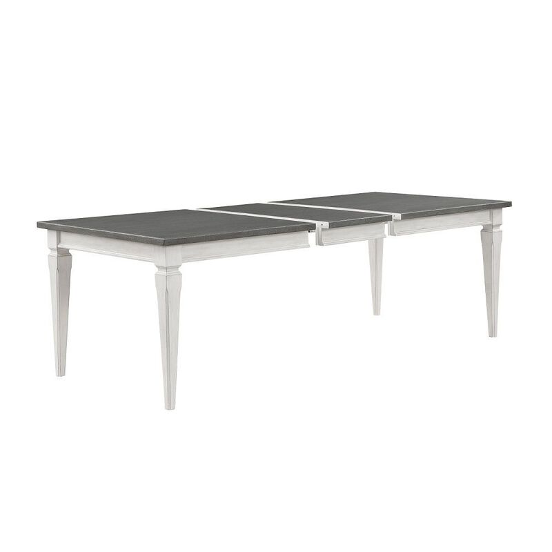 Kate 72-90 Inch Dining Table, Gray Extendable Rectangular Top, White Wood - Benzara