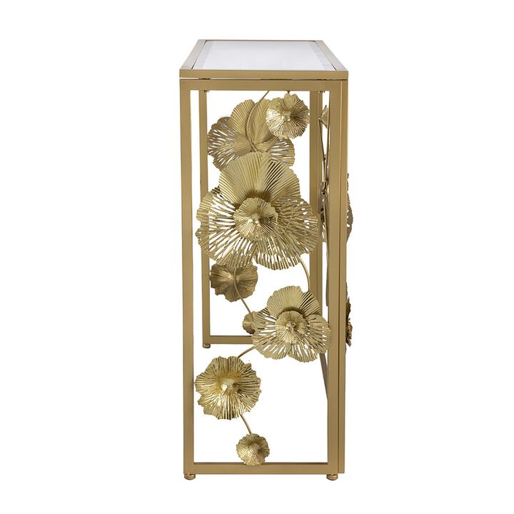 39 Inch Mirrored Top Console Table, Elegant Floral Design, Iron, Matte Gold-Benzara