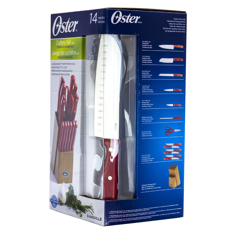 Oster Evansville 14 Piece Stainless Steel Cutlery Set with Red Handles
