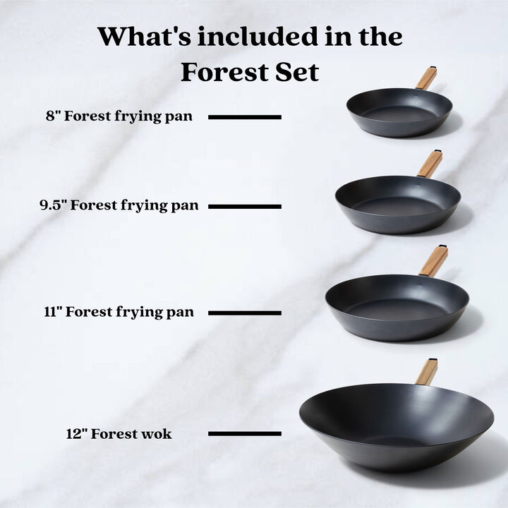 Alva Forest 4-Piece Professional Carbon Steel Cookware Set - Pre-Seasoned Non-Toxic Frying Pans & Wok - Chemical-Free, Traditional Cooking Surface - All Stovetop Compatible & Fast-Heating
