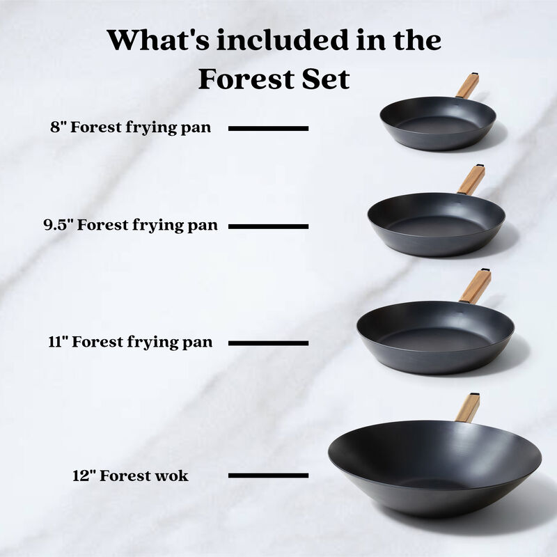 Alva Forest 4-Piece Professional Carbon Steel Cookware Set - Pre-Seasoned Non-Toxic Frying Pans & Wok - Chemical-Free, Traditional Cooking Surface - All Stovetop Compatible & Fast-Heating