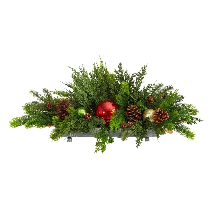 Nearly Natural 24-in Cedar Pine, Pinecones and Ornaments Artificial Christmas Arrangement in Tin Vase