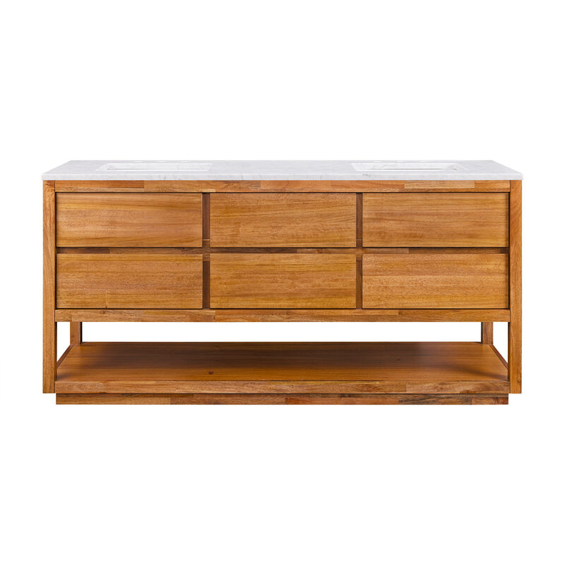 Oakman 72 In. Double Sink Carrara White Marble Countertop Bath Vanity in Mango Wood