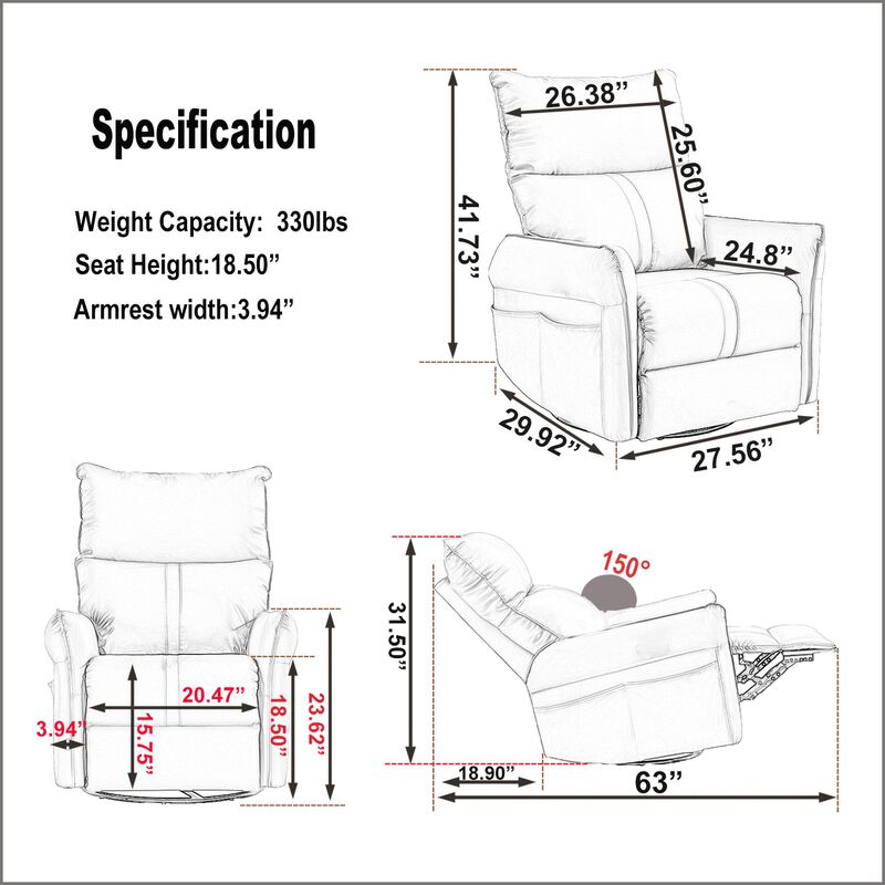 Mondawe 270° Power Swivel Rocker Recliner Chair, PU Leather Electric Glider with USB Ports