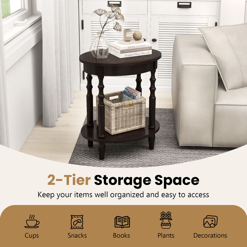 2-Tier Oval Side Table with Storage Shelf and Solid Wood Legs