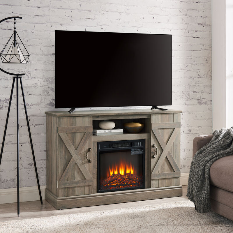 Gray Wash Farmhouse TV Stand with Electric Fireplace