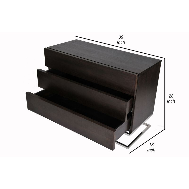 Sam 39 Inch Dresser, 3 Drawers, Sleek Steel Legs, Espresso Brown Wood - Benzara