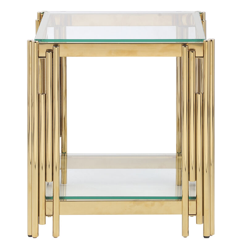Furniture Wide Square End Table With Glass Top, Golden Stainless Steel Tempered Glass