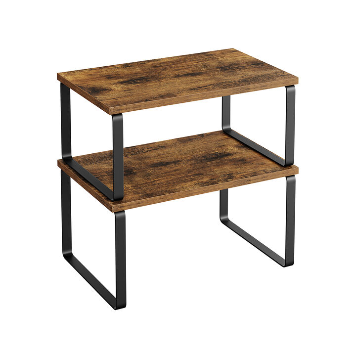 Expandable and Stackable Cabinet Shelf Organizer – Metal and Bamboo Kitchen Counter Shelves, Set of 2